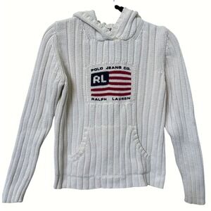 Polo Jeans Co Ralph Lauren Women Cream Ribbed Knit American Flag Hoodie Sweater